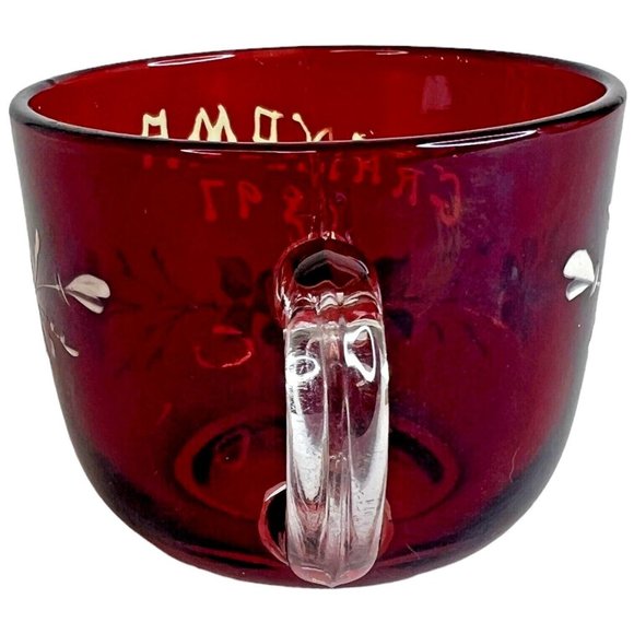 Antique Ruby Red Flash White Clear Grandma 1897 Mug Cup Hand Painted Flowers - Picture 7 of 9